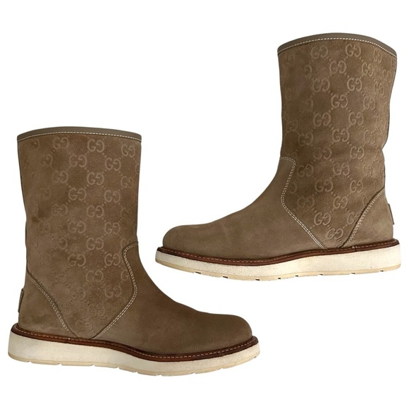 Gucci Beige Guccissima Taupe Suede Quercy Flat Buckle Boots Size 36.5 | US 6.5 - Picture 11 of 16